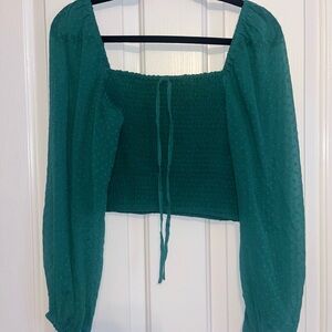 Green Smocked Square Neck Top